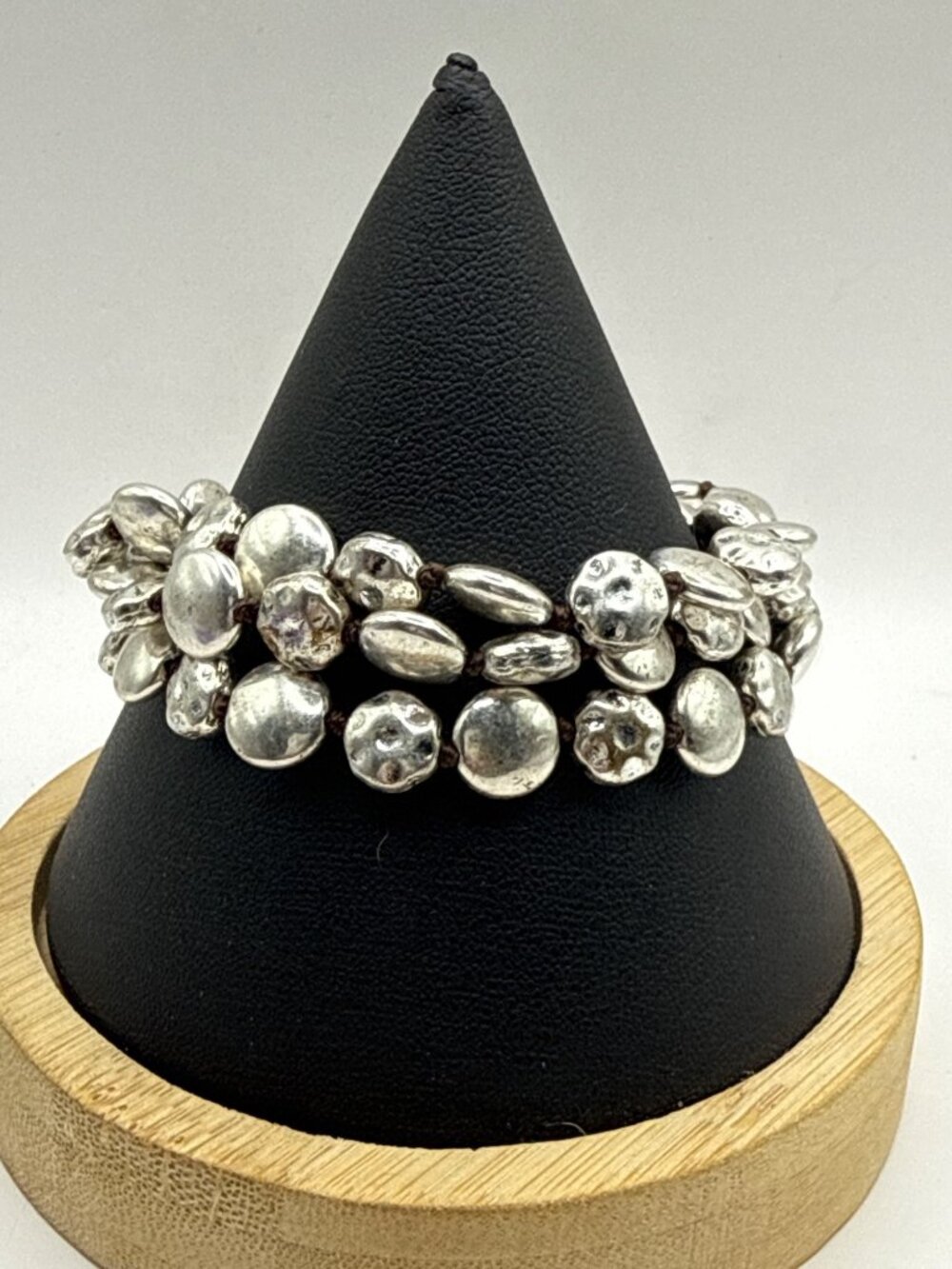 Lucky Brand Vintage Multi-Strand Silver Nugget Coin Bead Bracelet Boho